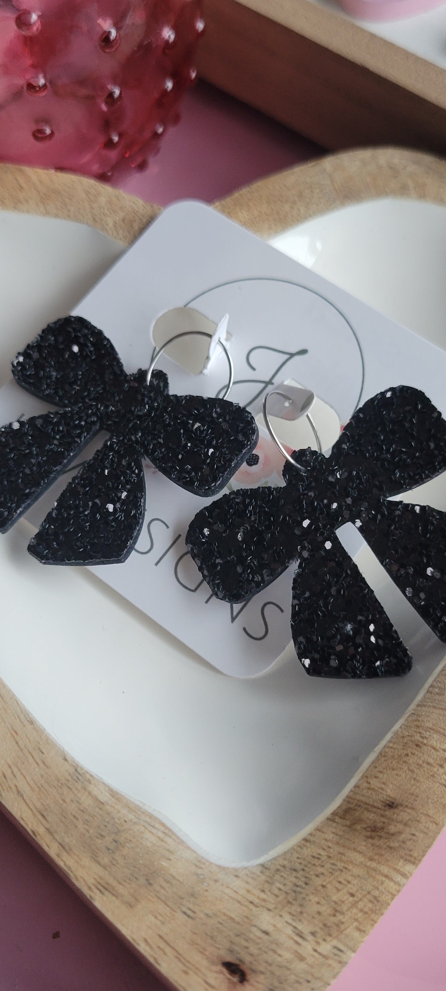 Black Glitter Big Bow Earrings
