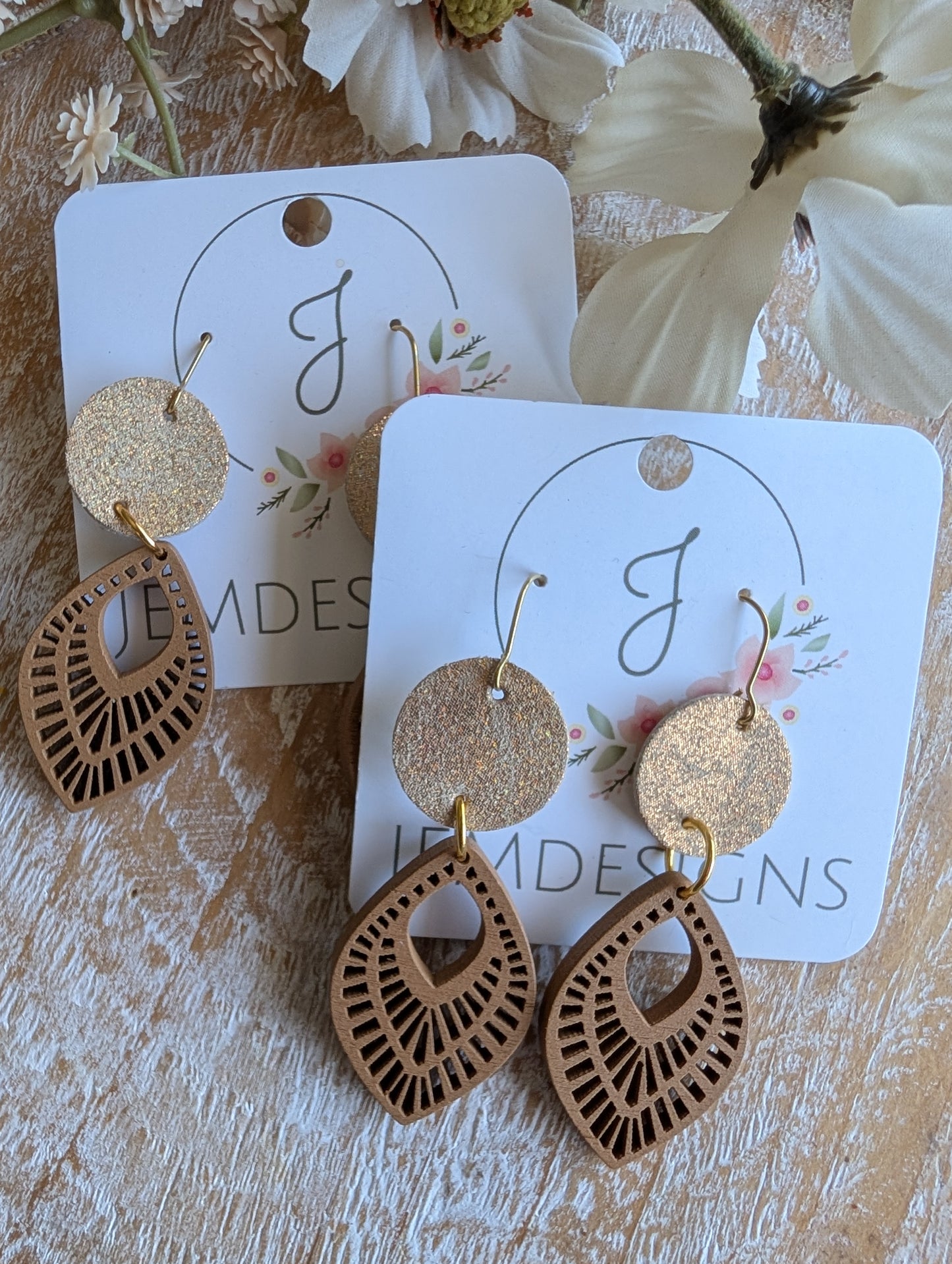 Guilded Wood and Leather Earrings