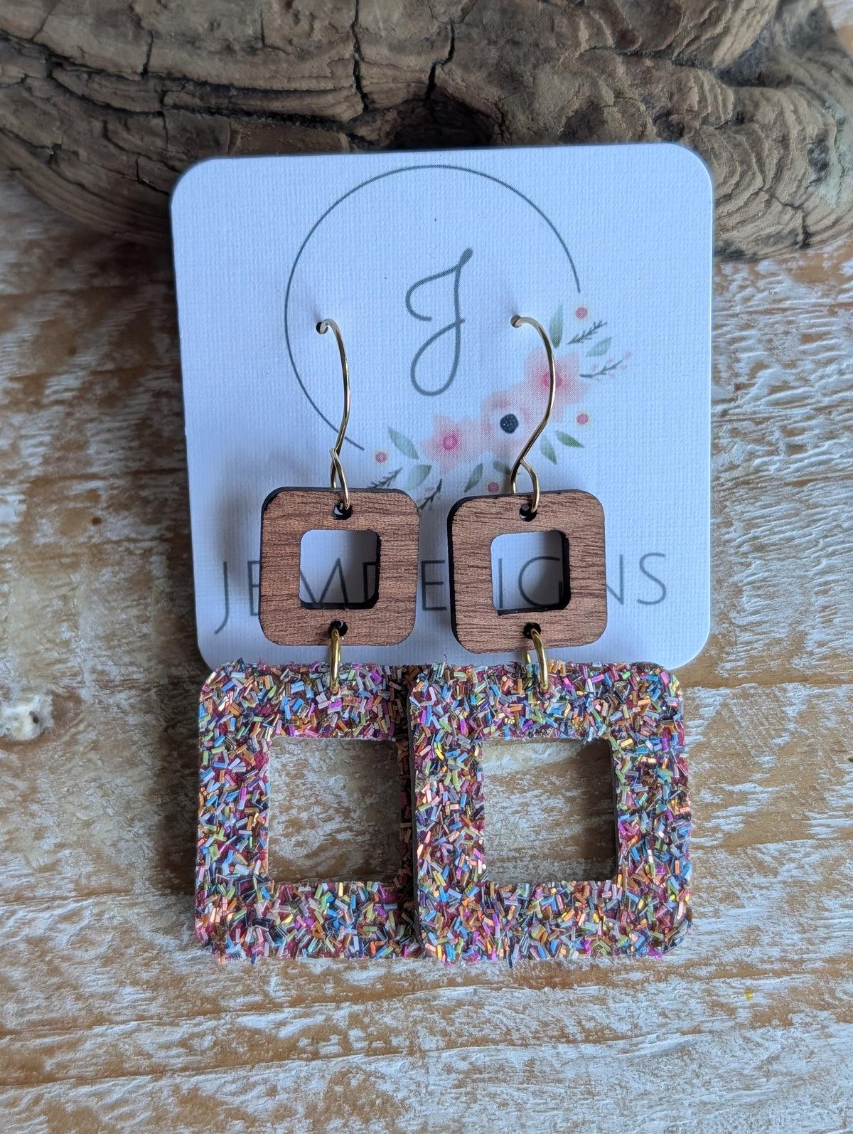 Square cutout wood and leather earrings