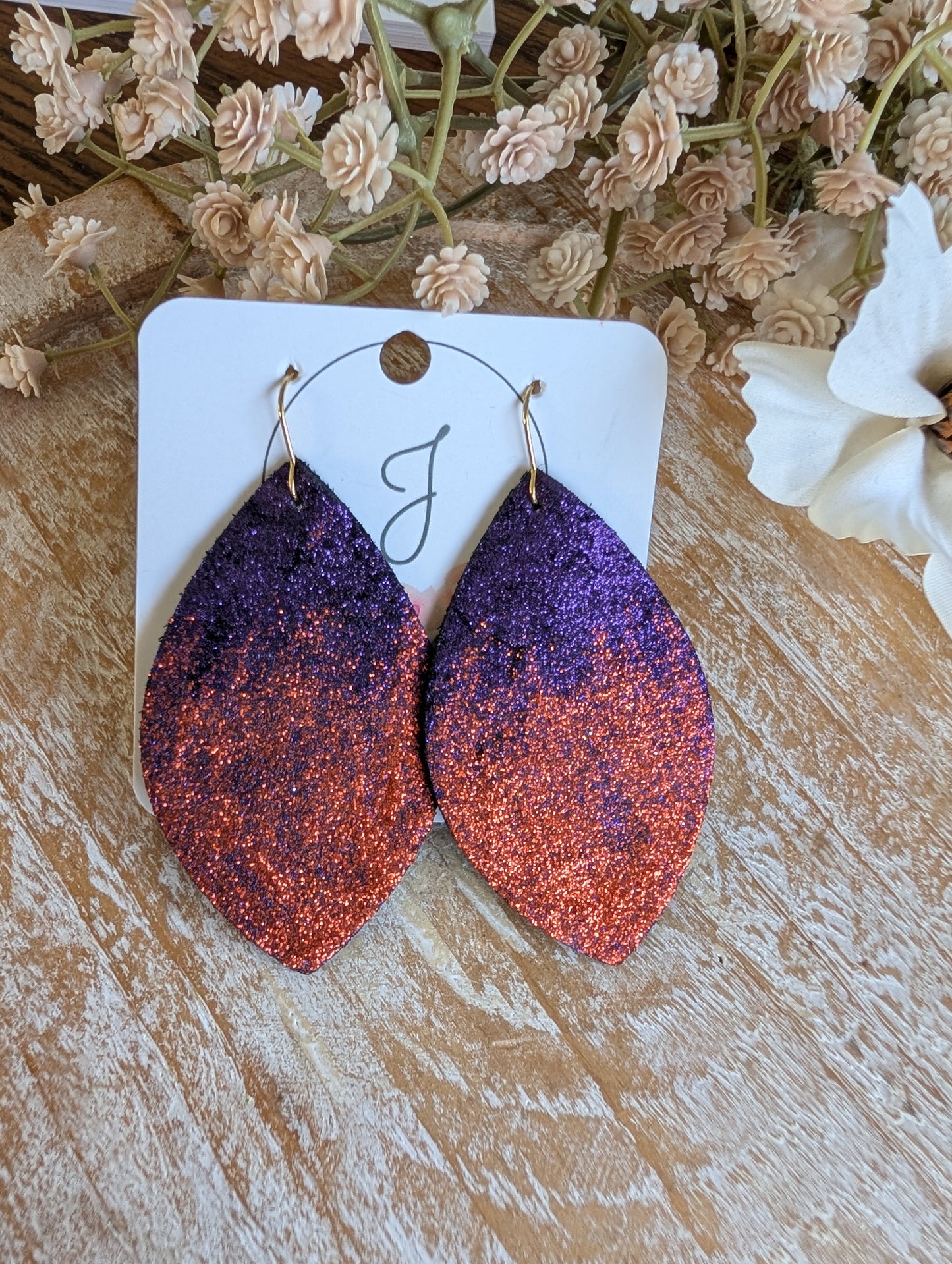Purple and Orange Shimmer Leather Earrings