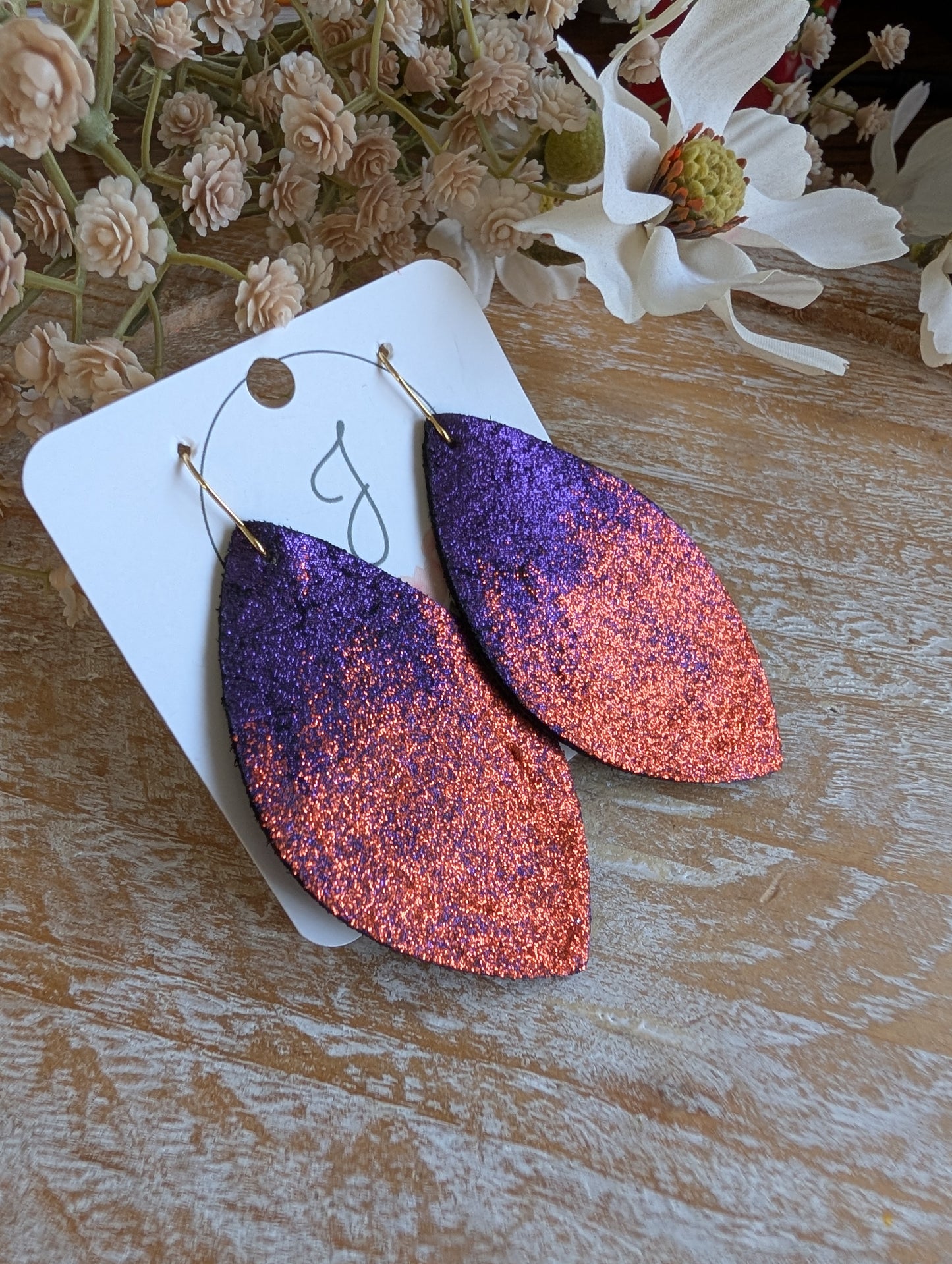 Purple and Orange Shimmer Leather Earrings